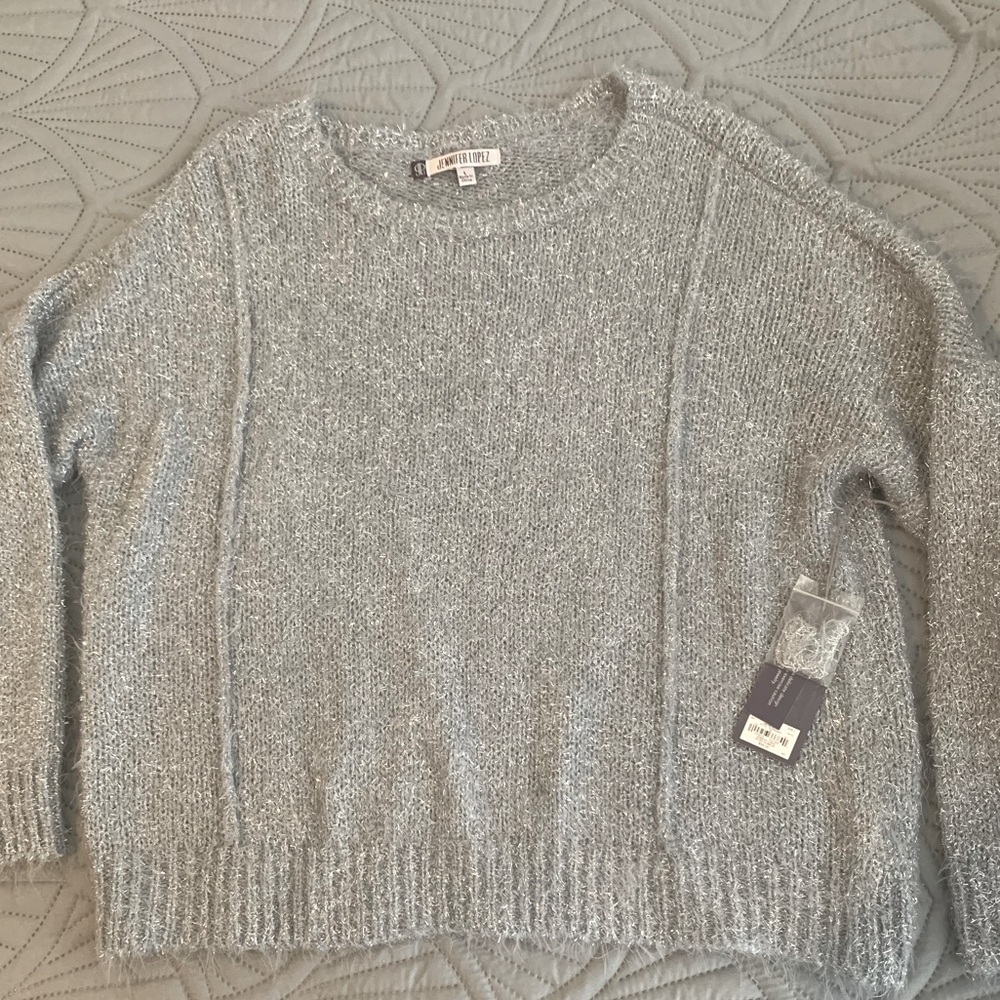 Jennifer Lopez silver shimmering (like tinsel) holiday pullover sweater w/tags